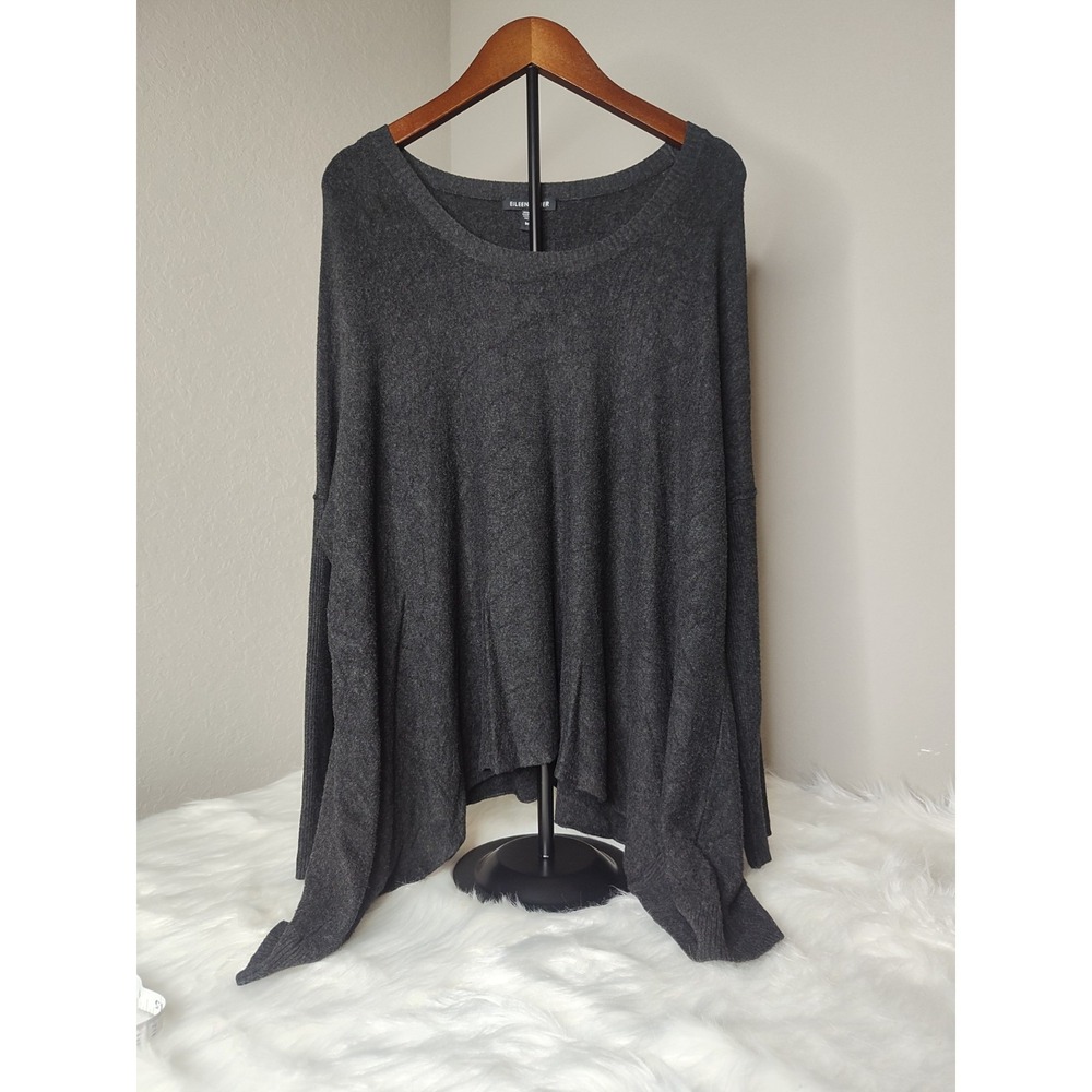 Eileen Fisher Sweater Womens Medium Charcoal Grey Italian Yarn Sharkbite Hem